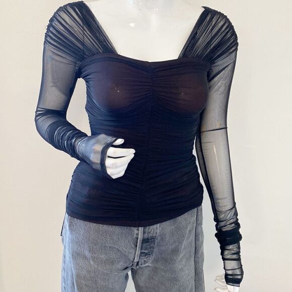 A.L.C. Jackie Ruched Tulle Semi Sheer Long Sleeve Mesh Top Black w Red Underlay - Picture 5 of 8